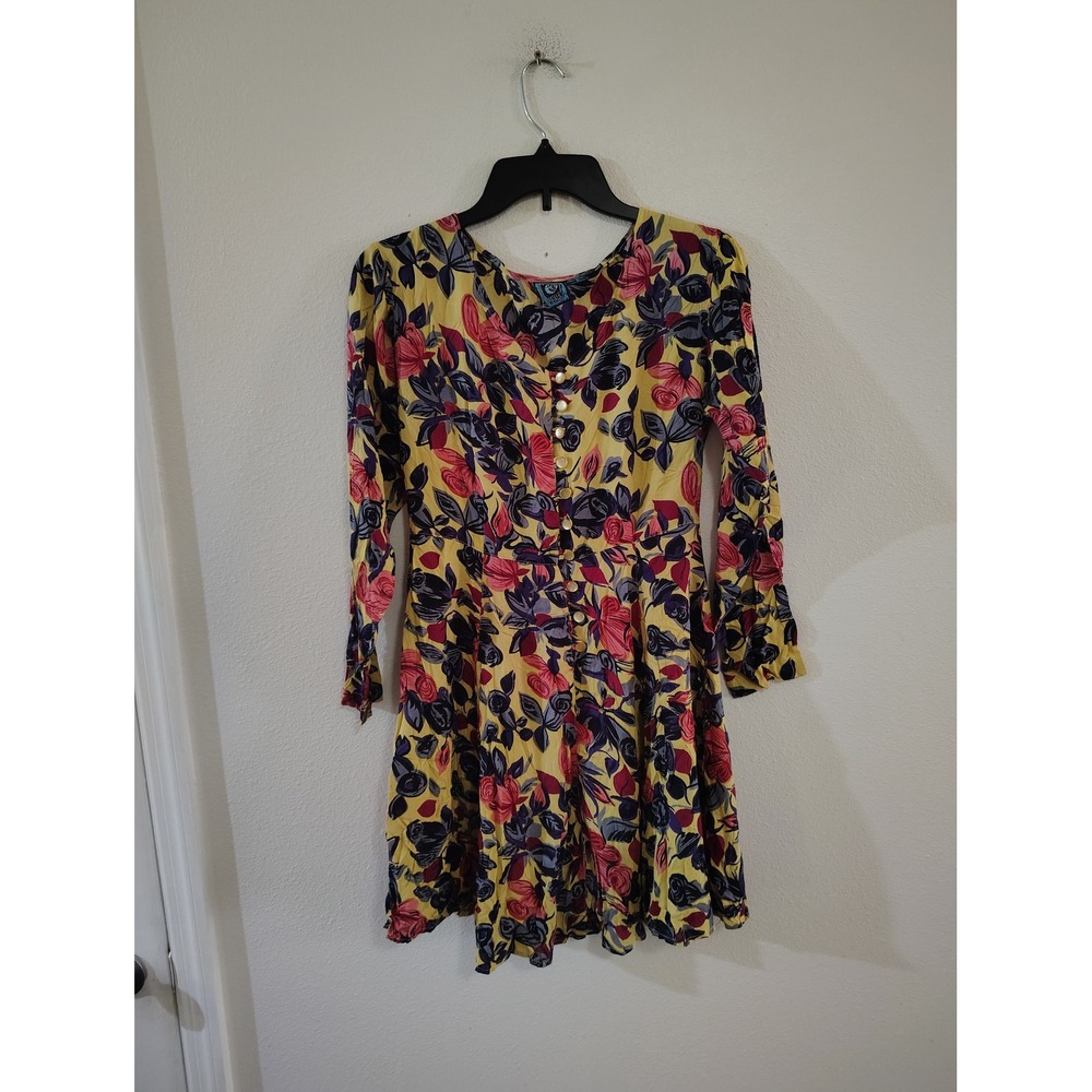 Ecote Womens Yellow Floral Button Front Long Sleeve Rayon Mini‎ Dress Small S